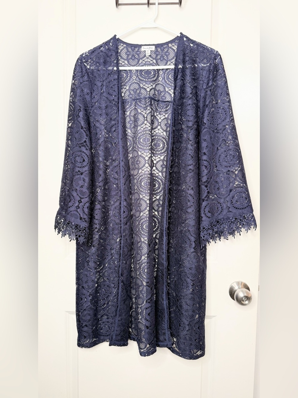 Love Fire M L Navy Blue Lace Kimono Duster Cardigan Boho Crochet Festival